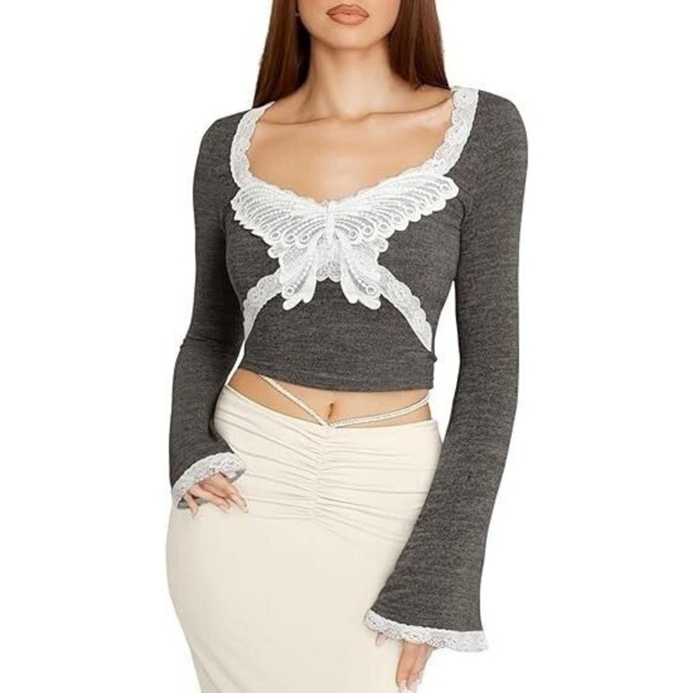 Long Sleeve Crop Tops Women XS Fairy Grunge Butterfly Lace Trim Cropped Gray A3